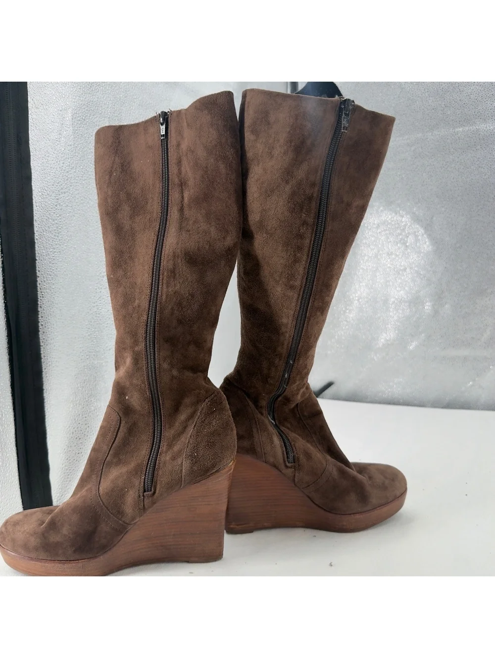 Vintage  Manntra Leather Brown Suede Wedge Knee High Boots Round Toe Size 9M